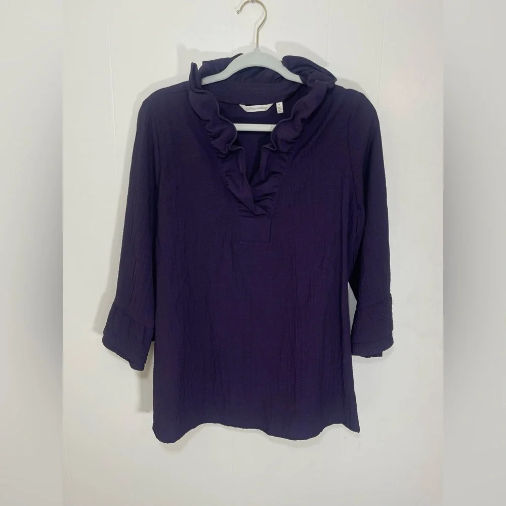 Soft Surroundings Constance Ruffle Textured Purple Blouse Women’s Size Medium